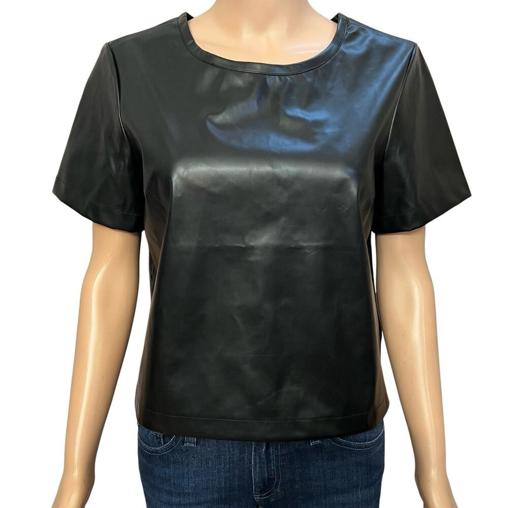 Porridge Faux Leather Top Small Black Short Sleeve Crew Neck Minimalist Classic